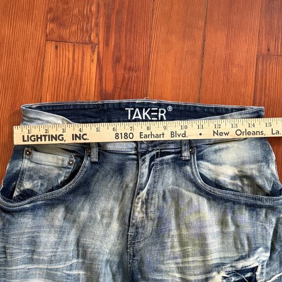 TAKER Blue Distressed Men's Jeans 30x32  (32 inseam/ 30 waist measured) stretch - Picture 4 of 15